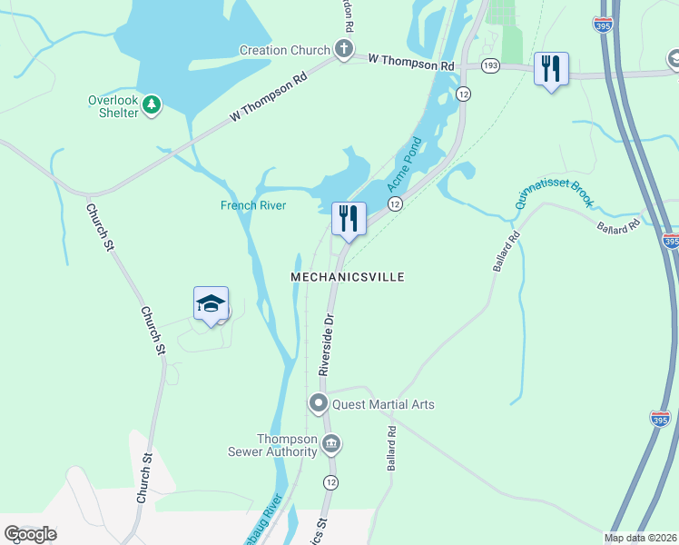 map of restaurants, bars, coffee shops, grocery stores, and more near in Thompson