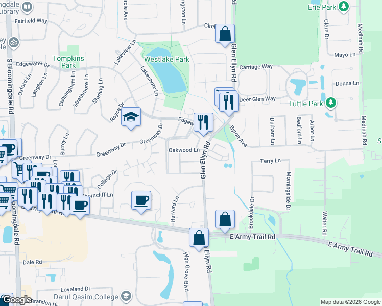 map of restaurants, bars, coffee shops, grocery stores, and more near 243 Pinewood Lane in Bloomingdale
