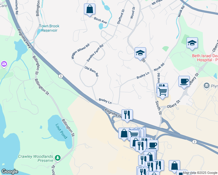 map of restaurants, bars, coffee shops, grocery stores, and more near 29 Braley Lane in Plymouth