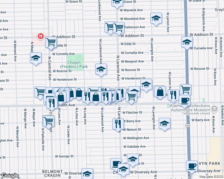 map of restaurants, bars, coffee shops, grocery stores, and more near 5223 West School Street in Chicago