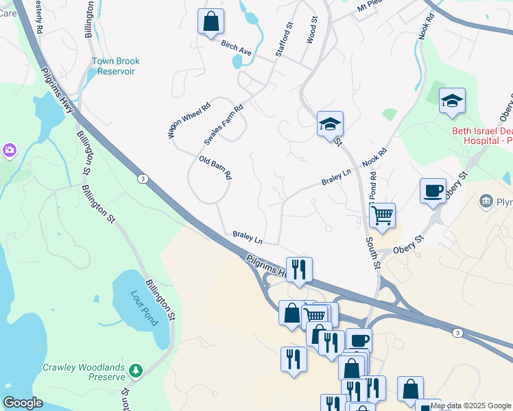map of restaurants, bars, coffee shops, grocery stores, and more near 29 Braley Lane in Plymouth