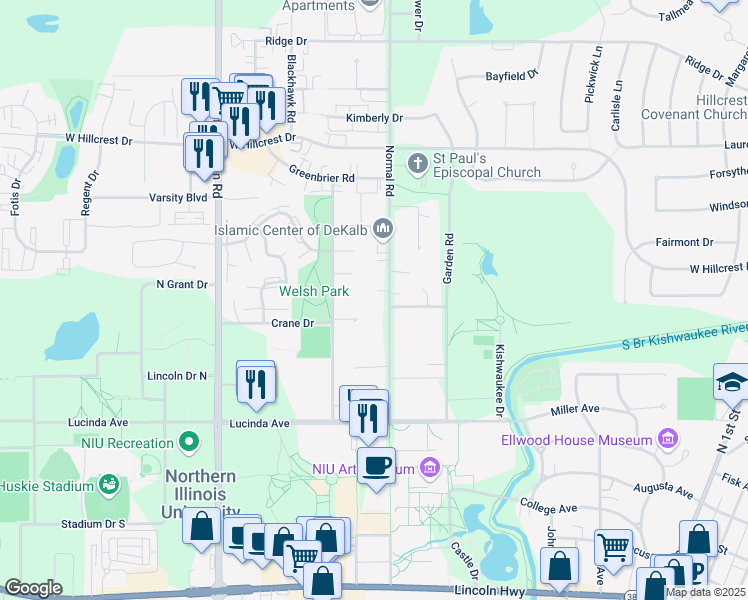 map of restaurants, bars, coffee shops, grocery stores, and more near 9 Pheasant Run in DeKalb