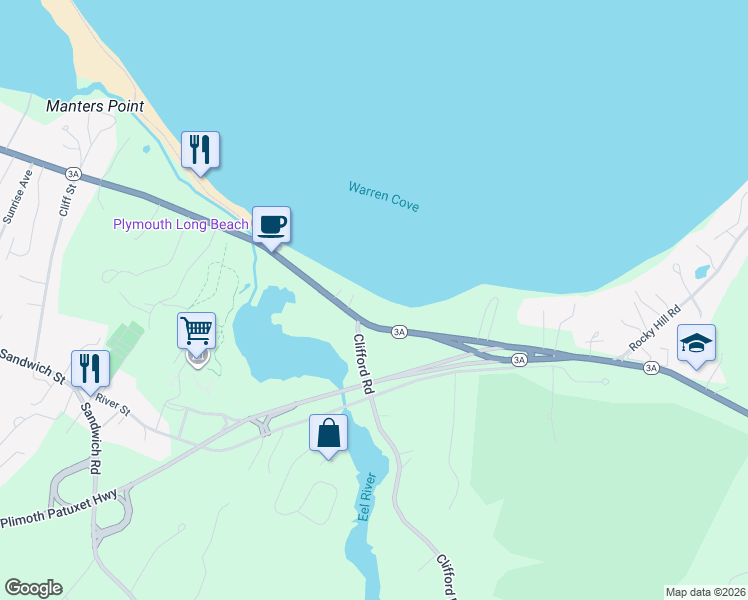 map of restaurants, bars, coffee shops, grocery stores, and more near 172 Warren Avenue in Plymouth