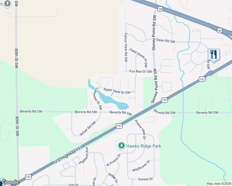map of restaurants, bars, coffee shops, grocery stores, and more near 6959 Water View Drive Southwest in Cedar Rapids