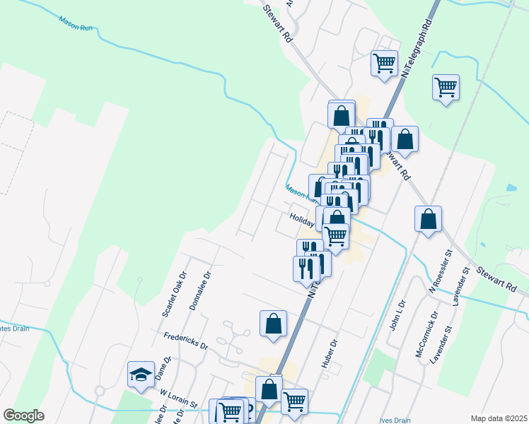 map of restaurants, bars, coffee shops, grocery stores, and more near 1318 Frank Drive in Monroe