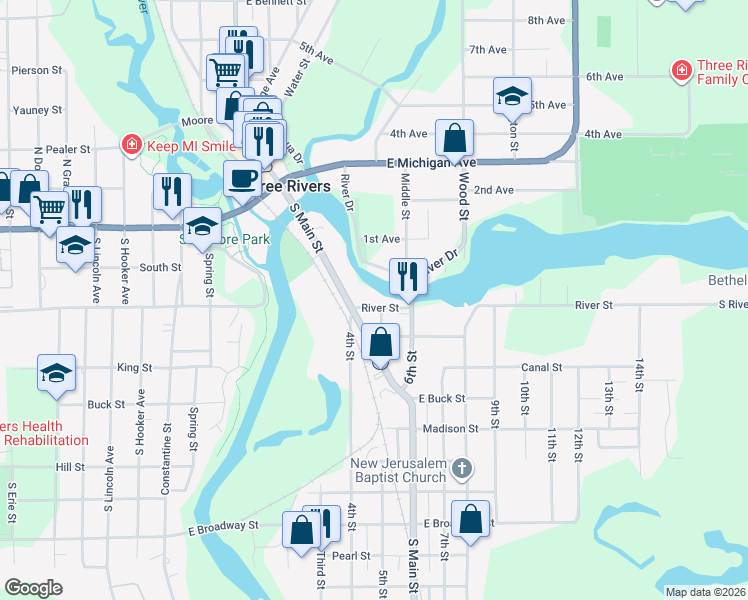 map of restaurants, bars, coffee shops, grocery stores, and more near 308 South Main Street in Three Rivers
