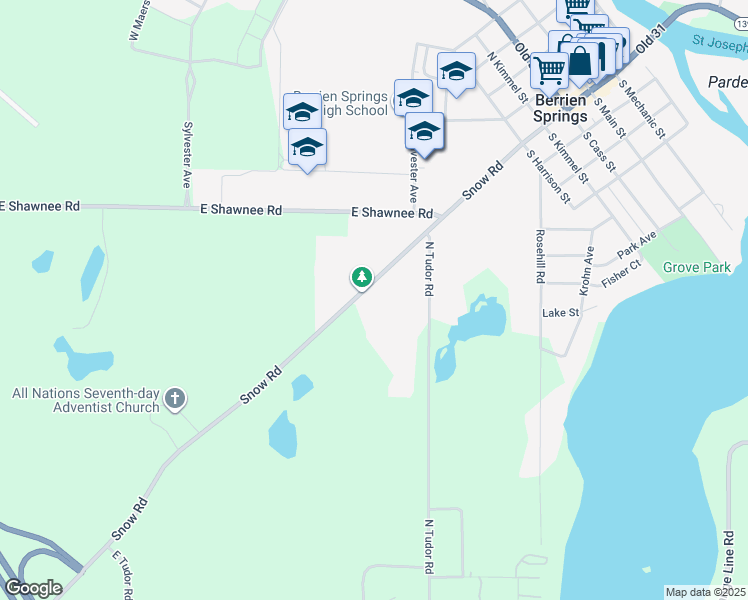 map of restaurants, bars, coffee shops, grocery stores, and more near 4576 Snow Road in Berrien Springs