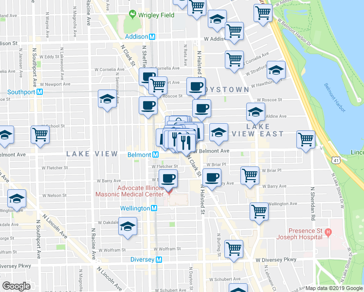 map of restaurants, bars, coffee shops, grocery stores, and more near 901 West Belmont Avenue in Chicago