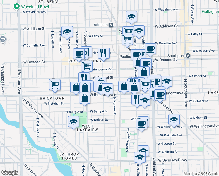 map of restaurants, bars, coffee shops, grocery stores, and more near 1828 West Belmont Avenue in Chicago