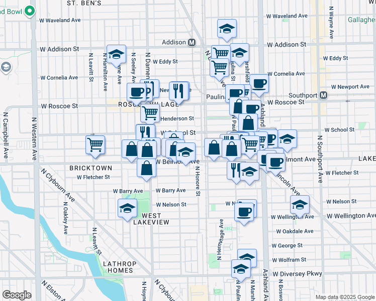 map of restaurants, bars, coffee shops, grocery stores, and more near 1828 West Belmont Avenue in Chicago
