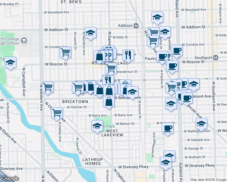 map of restaurants, bars, coffee shops, grocery stores, and more near 3201 North Damen Avenue in Chicago