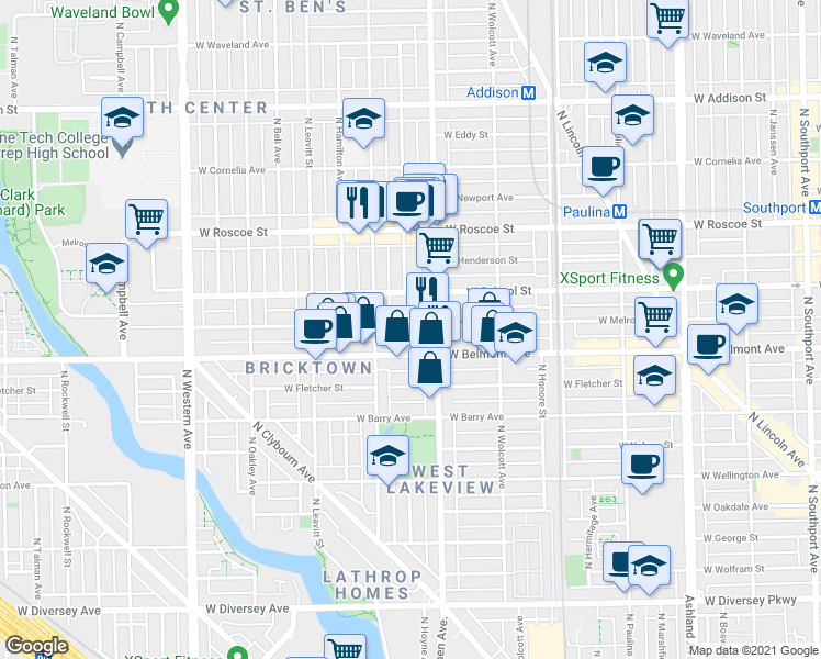 map of restaurants, bars, coffee shops, grocery stores, and more near 2026 West Belmont Avenue in Chicago