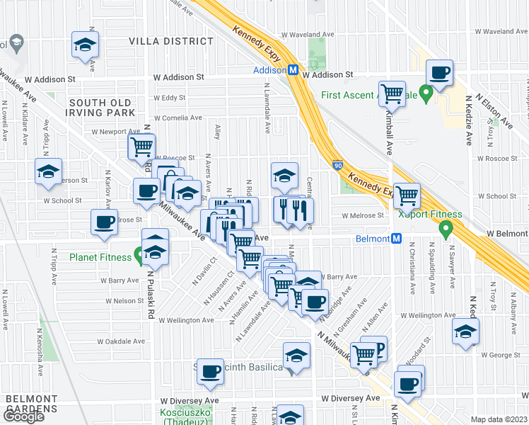 map of restaurants, bars, coffee shops, grocery stores, and more near 3224 North Lawndale Avenue in Chicago