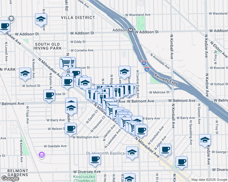 map of restaurants, bars, coffee shops, grocery stores, and more near 3228 North Ridgeway Avenue in Chicago