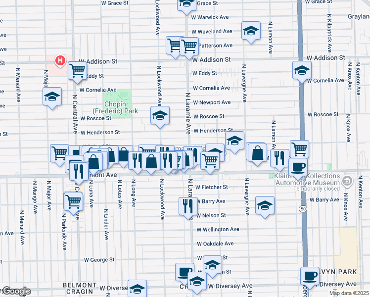 map of restaurants, bars, coffee shops, grocery stores, and more near 5216 West Melrose Street in Chicago
