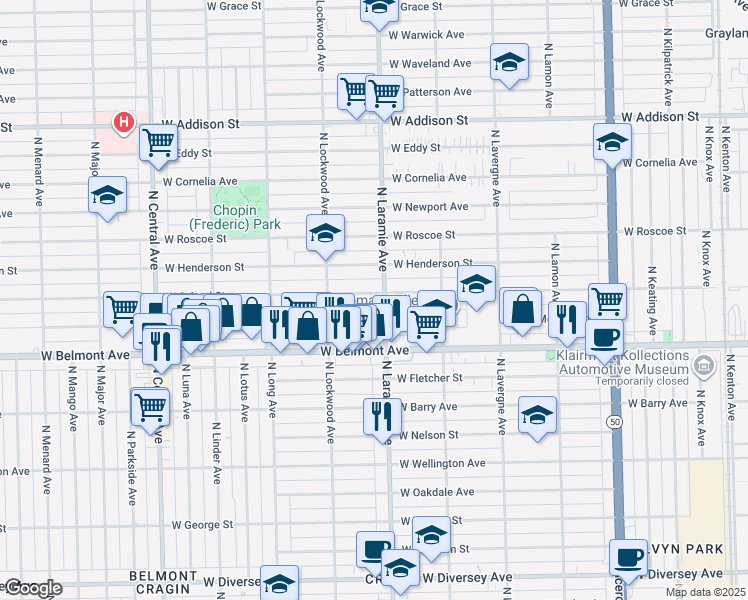map of restaurants, bars, coffee shops, grocery stores, and more near 5220 West Melrose Street in Chicago