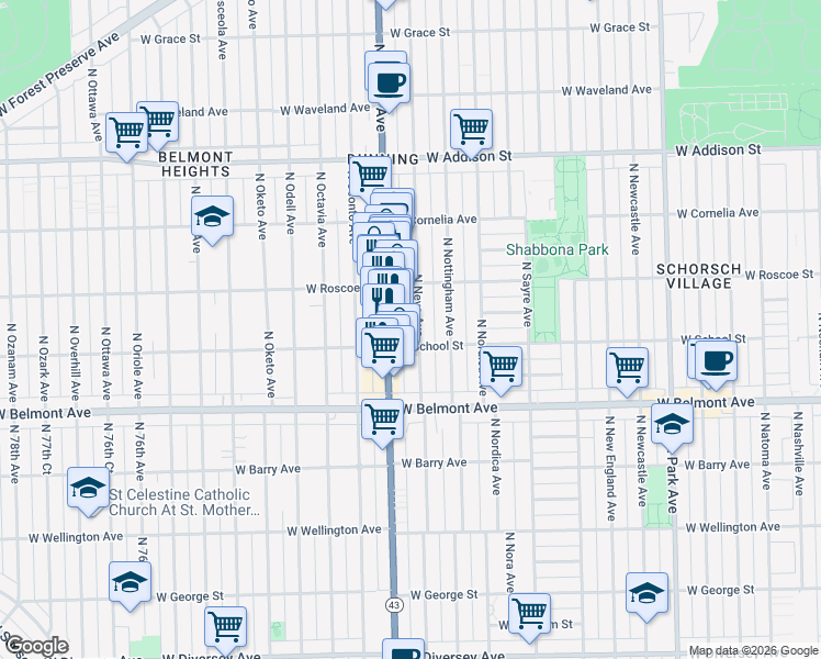 map of restaurants, bars, coffee shops, grocery stores, and more near 3309 North Neva Avenue in Chicago