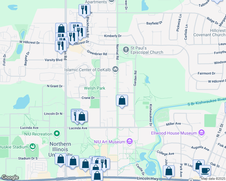map of restaurants, bars, coffee shops, grocery stores, and more near 9 Pheasant Run in DeKalb