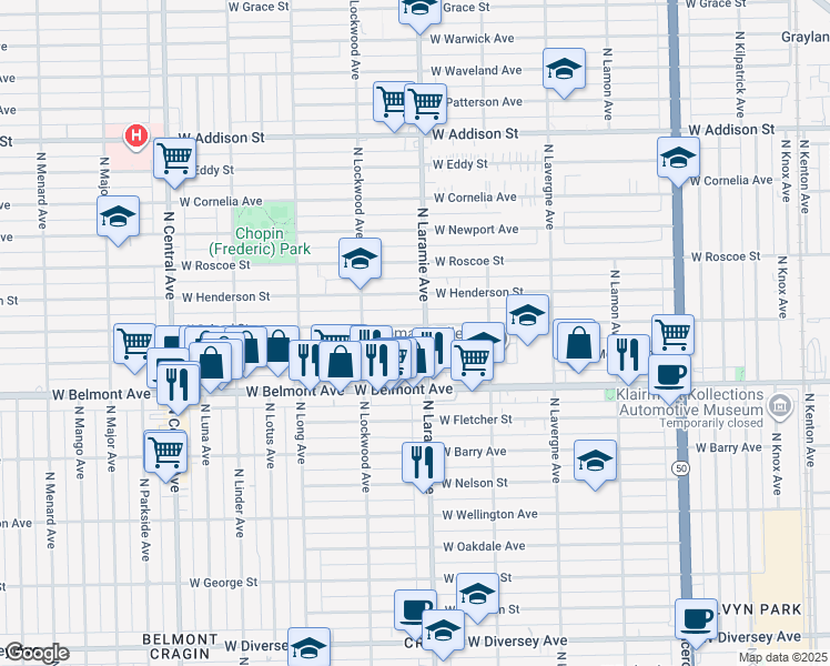 map of restaurants, bars, coffee shops, grocery stores, and more near 5216 West Melrose Street in Chicago