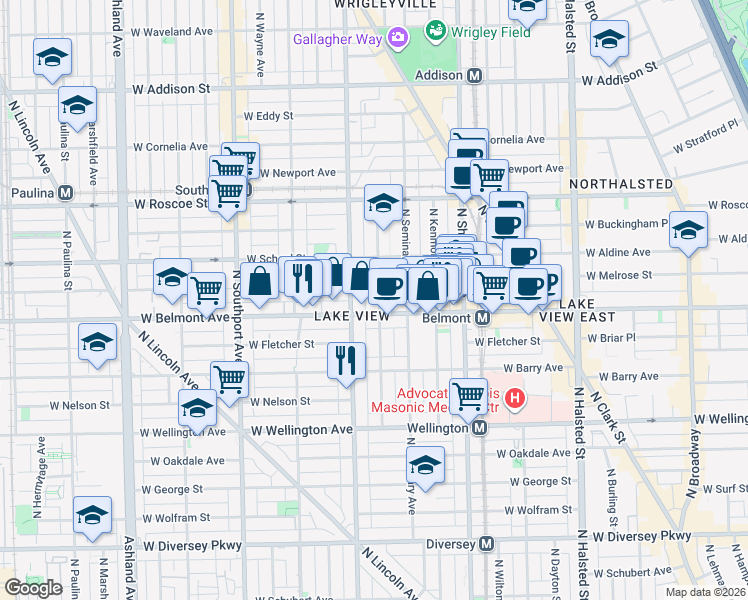 map of restaurants, bars, coffee shops, grocery stores, and more near 3212 North Clifton Avenue in Chicago