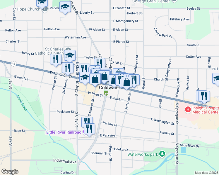 map of restaurants, bars, coffee shops, grocery stores, and more near in Coldwater