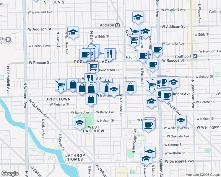 map of restaurants, bars, coffee shops, grocery stores, and more near 1847 West Melrose Street in Chicago