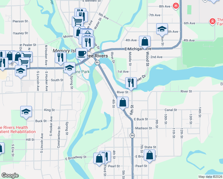 map of restaurants, bars, coffee shops, grocery stores, and more near 261 South Main Street in Three Rivers