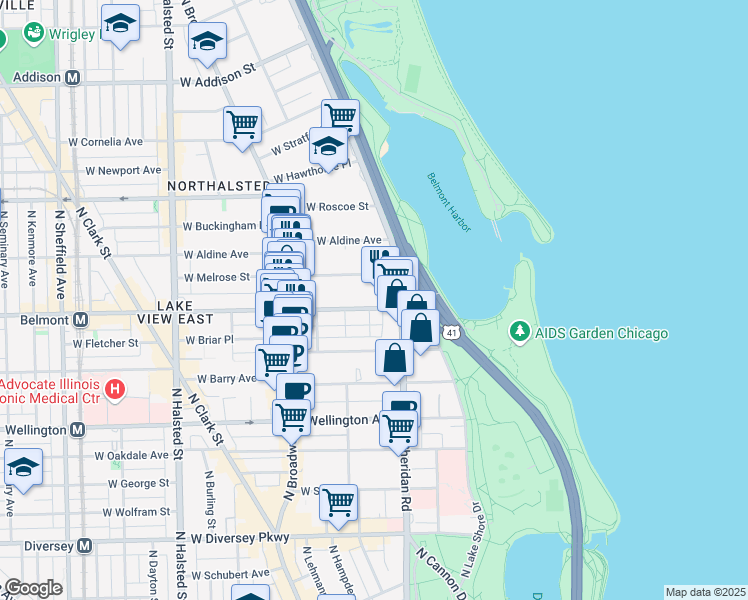 map of restaurants, bars, coffee shops, grocery stores, and more near 426 West Belmont Avenue in Chicago