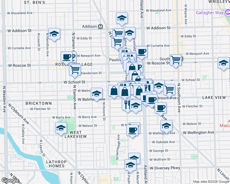 map of restaurants, bars, coffee shops, grocery stores, and more near 1741 West Melrose Street in Chicago