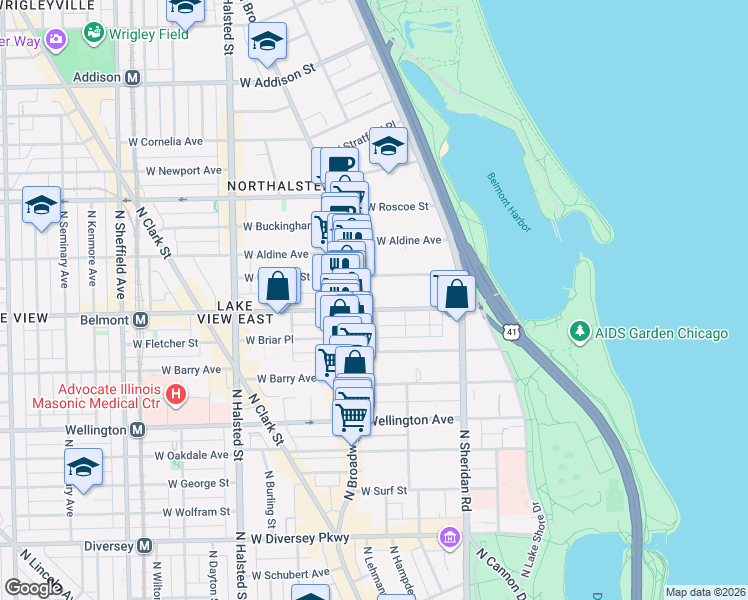 map of restaurants, bars, coffee shops, grocery stores, and more near 532 West Belmont Avenue in Chicago
