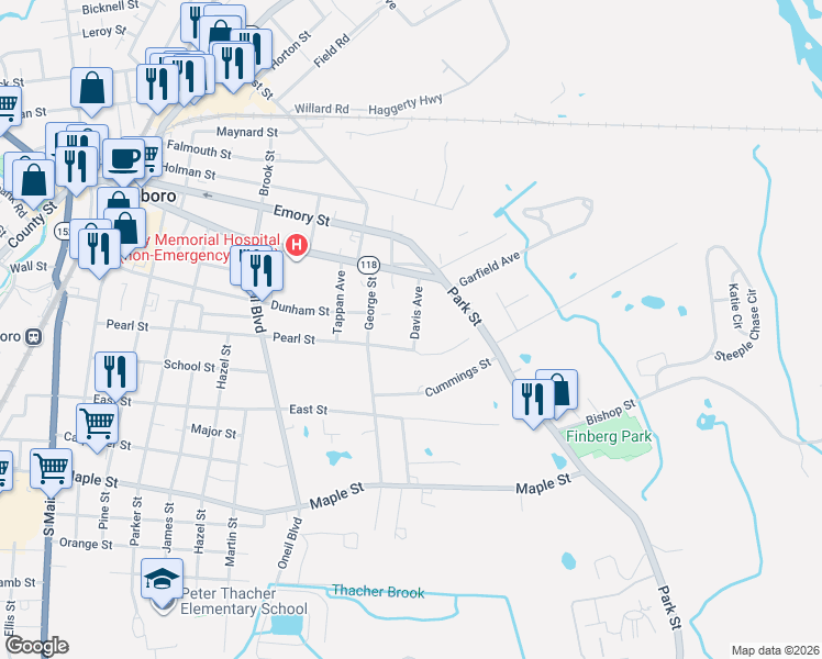 map of restaurants, bars, coffee shops, grocery stores, and more near 47 Davis Avenue in Attleboro