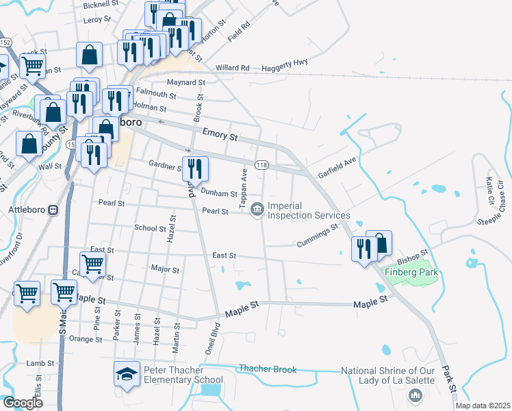 map of restaurants, bars, coffee shops, grocery stores, and more near 31 George Street in Attleboro