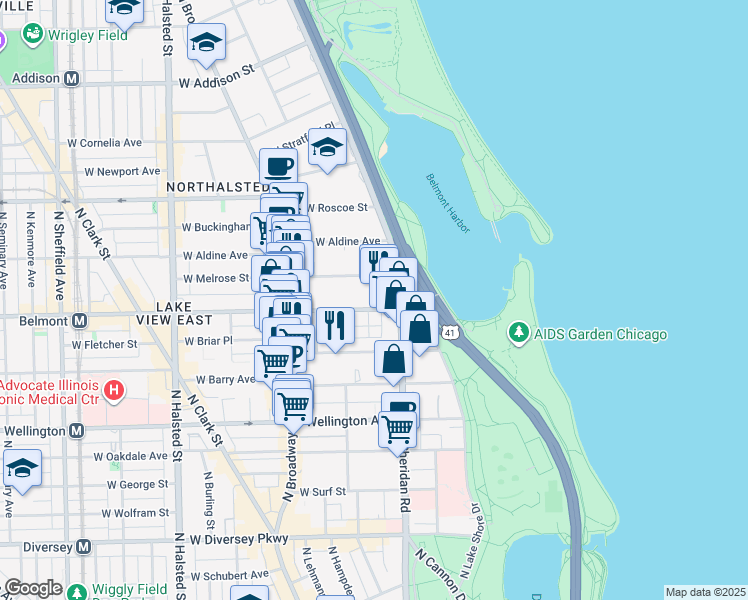 map of restaurants, bars, coffee shops, grocery stores, and more near 421 West Belmont Avenue in Chicago
