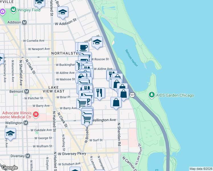 map of restaurants, bars, coffee shops, grocery stores, and more near in Chicago