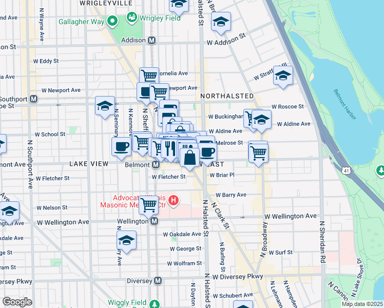 map of restaurants, bars, coffee shops, grocery stores, and more near 901 West Belmont Avenue in Chicago