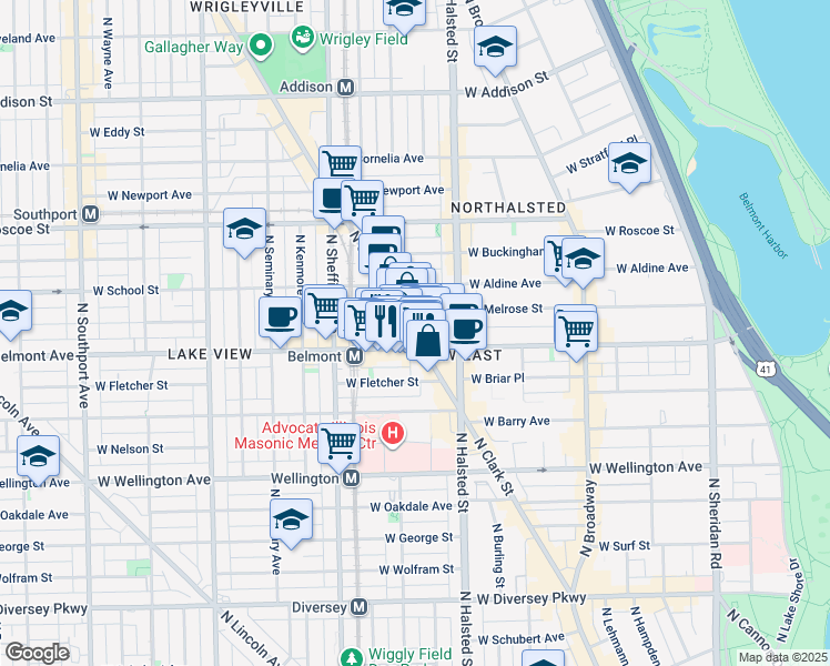map of restaurants, bars, coffee shops, grocery stores, and more near 901 West Belmont Avenue in Chicago