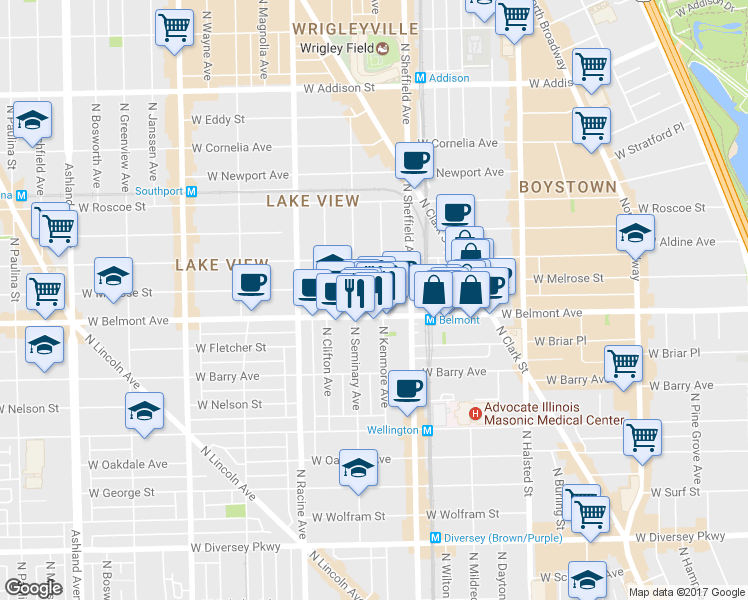 map of restaurants, bars, coffee shops, grocery stores, and more near 1034 West Belmont Avenue in Chicago