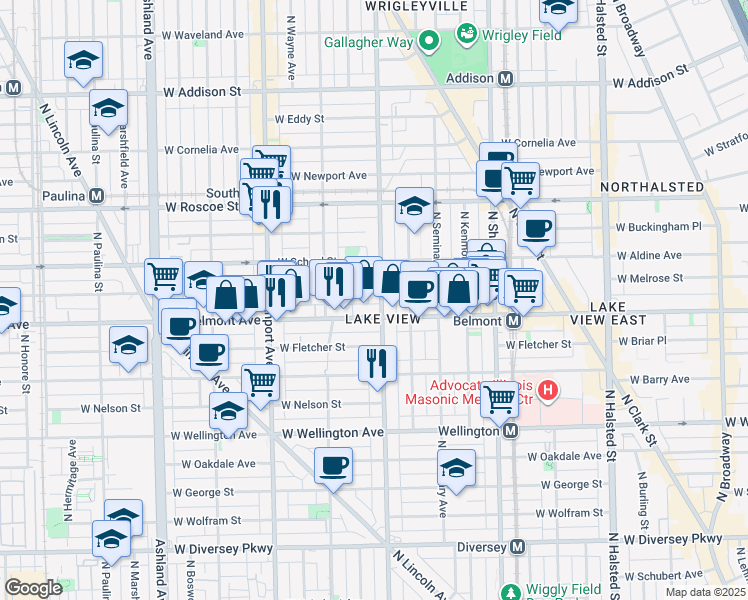 map of restaurants, bars, coffee shops, grocery stores, and more near 1224 West Belmont Avenue in Chicago