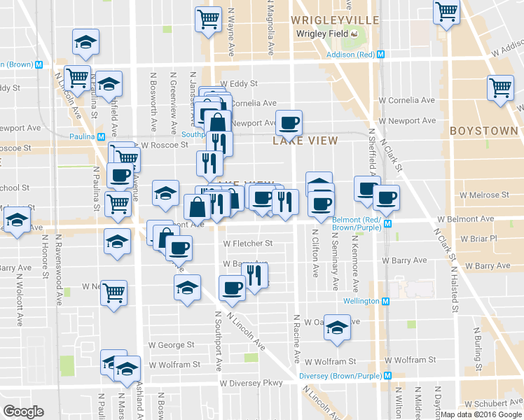 map of restaurants, bars, coffee shops, grocery stores, and more near 1300 West Belmont Avenue in Chicago