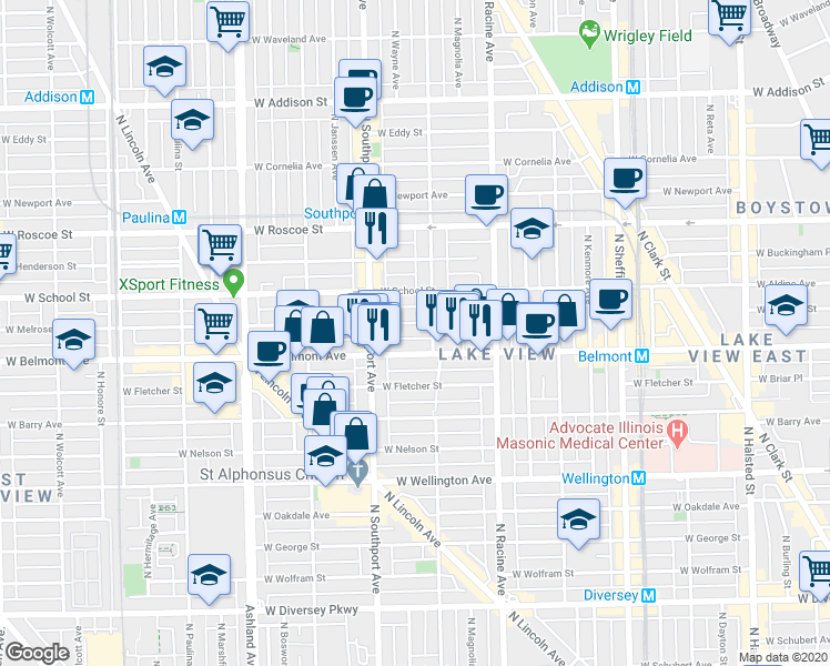 map of restaurants, bars, coffee shops, grocery stores, and more near 3208 North Lakewood Avenue in Chicago
