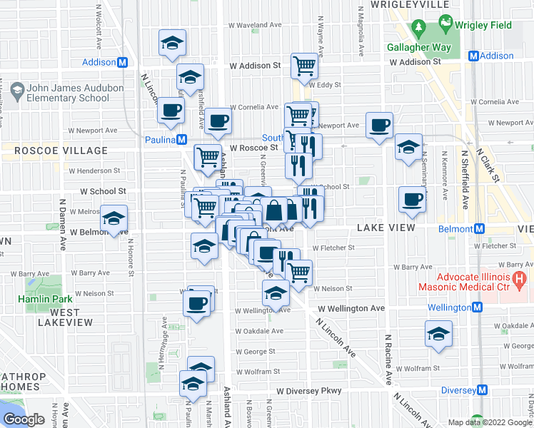 map of restaurants, bars, coffee shops, grocery stores, and more near 1456 West Belmont Avenue in Chicago