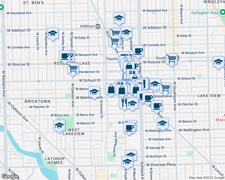 map of restaurants, bars, coffee shops, grocery stores, and more near 1720 West Belmont Avenue in Chicago