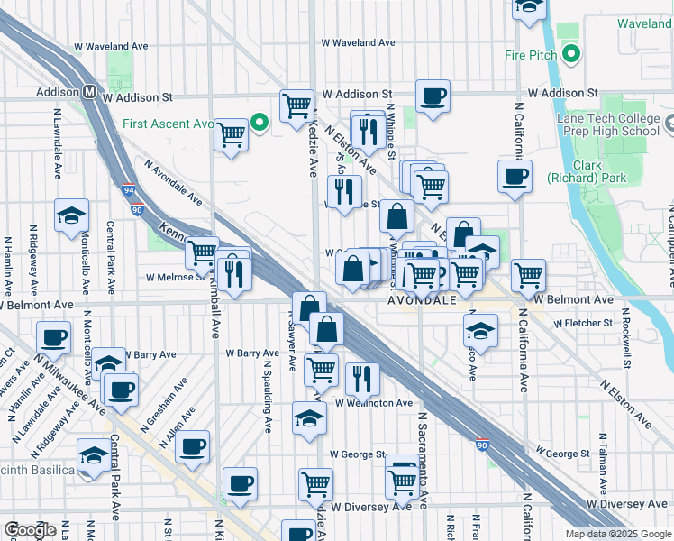 map of restaurants, bars, coffee shops, grocery stores, and more near 3223 North Troy Street in Chicago
