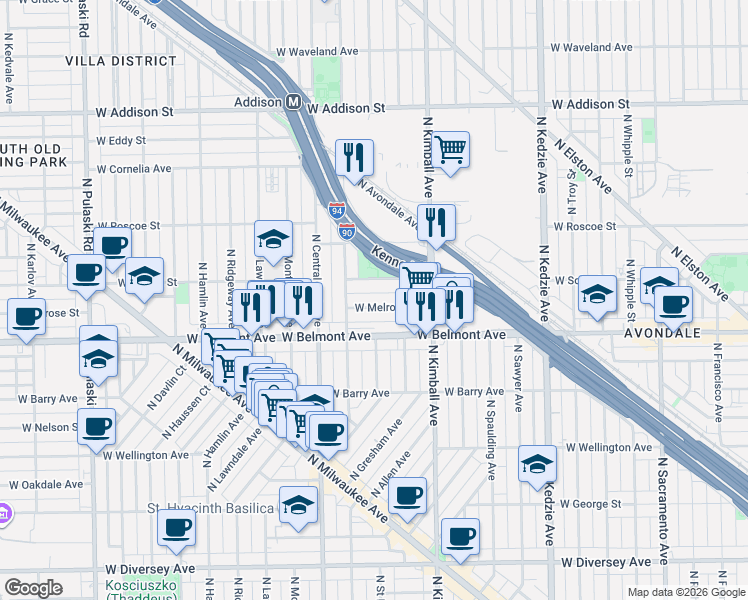 map of restaurants, bars, coffee shops, grocery stores, and more near 3523 West Melrose Street in Chicago