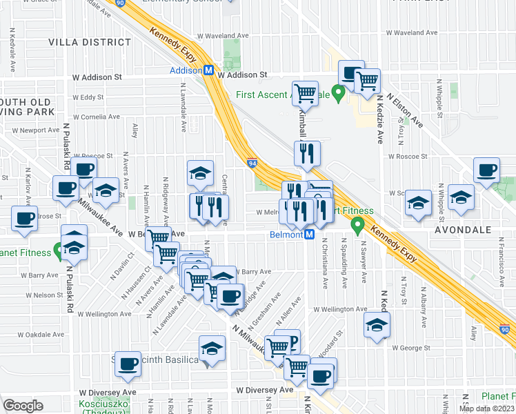 map of restaurants, bars, coffee shops, grocery stores, and more near 3523 West Melrose Street in Chicago
