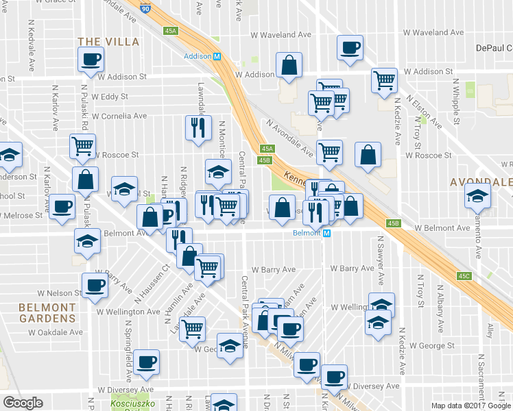map of restaurants, bars, coffee shops, grocery stores, and more near 3225 North Central Park Avenue in Chicago