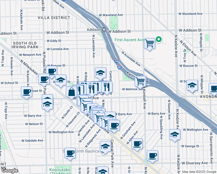 map of restaurants, bars, coffee shops, grocery stores, and more near 3229 North Monticello Avenue in Chicago