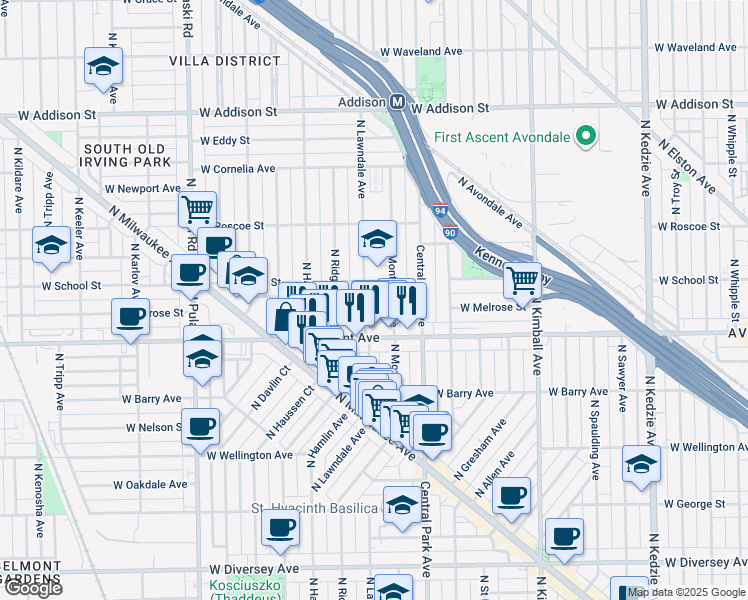 map of restaurants, bars, coffee shops, grocery stores, and more near 3224 North Lawndale Avenue in Chicago