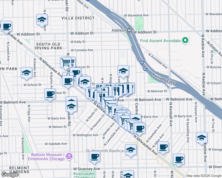 map of restaurants, bars, coffee shops, grocery stores, and more near 3228 North Ridgeway Avenue in Chicago
