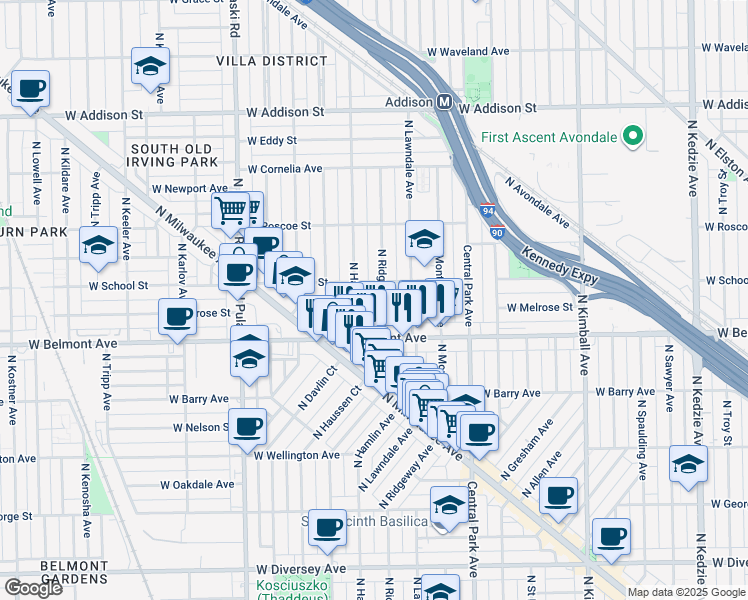 map of restaurants, bars, coffee shops, grocery stores, and more near 3228 North Ridgeway Avenue in Chicago